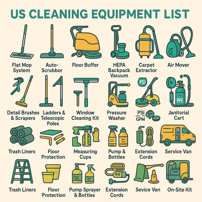 USA Cleaning Equipment List for Professional Startups — Cleaning guide from Hello Services