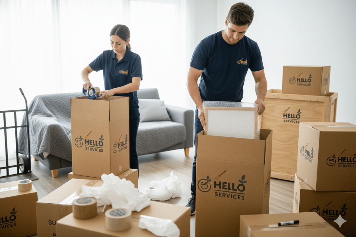 Hello Services packing crew in branded uniform loading labelled cartons onto a trolley